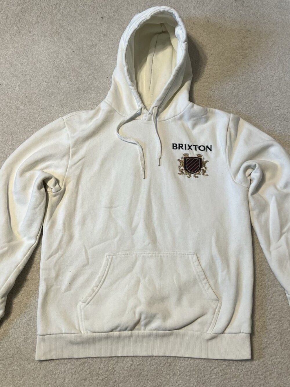 Brixton Medium Hoodie Cream Pullover Embroidered Crest Logo Fleece Pocket